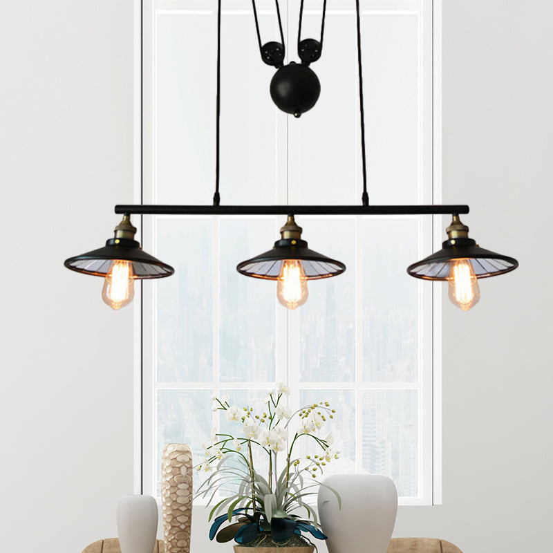 Black Flared Island Pendant Light Farmhouse Iron 3 Bulbs Restaurant Hanging Lamp Kit with Pulley Design Black Clearhalo 'Ceiling Lights' 'Island Lights' Lighting' 537315