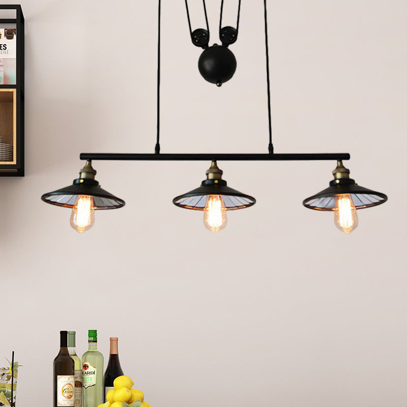 Black Flared Island Pendant Light Farmhouse Iron 3 Bulbs Restaurant Hanging Lamp Kit with Pulley Design Clearhalo 'Ceiling Lights' 'Island Lights' Lighting' 537316