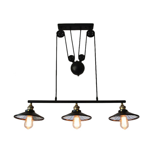 Black Flared Island Pendant Light Farmhouse Iron 3 Bulbs Restaurant Hanging Lamp Kit with Pulley Design Clearhalo 'Ceiling Lights' 'Island Lights' Lighting' 537317