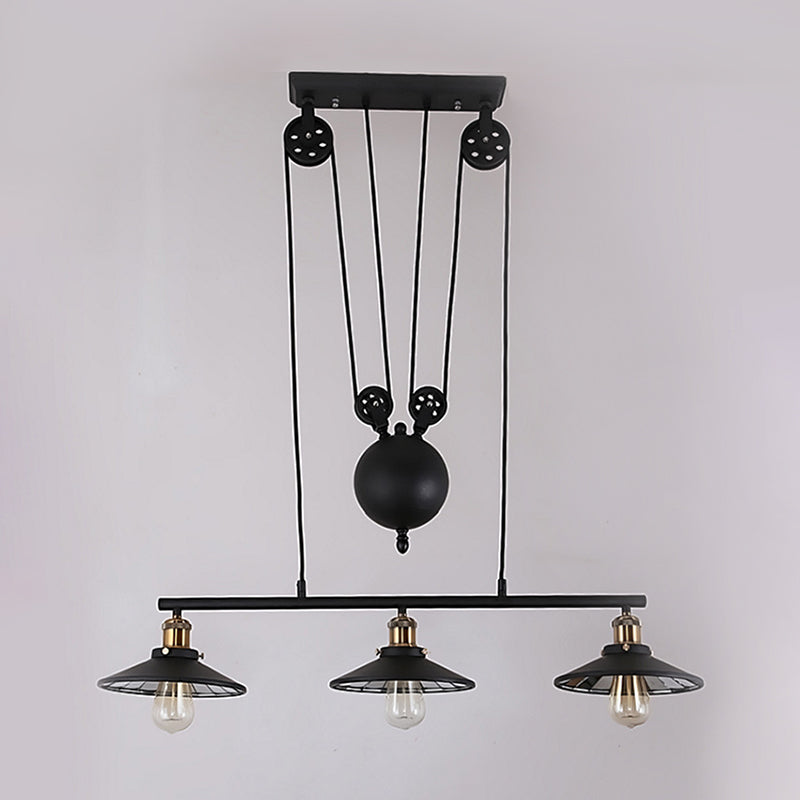 Black Flared Island Pendant Light Farmhouse Iron 3 Bulbs Restaurant Hanging Lamp Kit with Pulley Design Clearhalo 'Ceiling Lights' 'Island Lights' Lighting' 537318