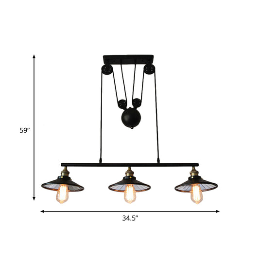 Black Flared Island Pendant Light Farmhouse Iron 3 Bulbs Restaurant Hanging Lamp Kit with Pulley Design Clearhalo 'Ceiling Lights' 'Island Lights' Lighting' 537319