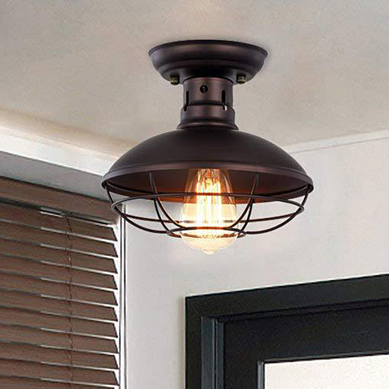 Iron Barn Flush Mount Lighting Antiqued 1 Head Living Room Flush Ceiling Lamp in Bronze/Coffee with Cage Clearhalo 'Ceiling Lights' 'Close To Ceiling Lights' 'Close to ceiling' 'Flush mount' 'Industrial Flush Mount' Lighting' 537321