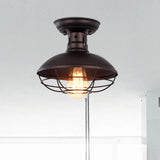 Iron Barn Flush Mount Lighting Antiqued 1 Head Living Room Flush Ceiling Lamp in Bronze/Coffee with Cage Clearhalo 'Ceiling Lights' 'Close To Ceiling Lights' 'Close to ceiling' 'Flush mount' 'Industrial Flush Mount' Lighting' 537322