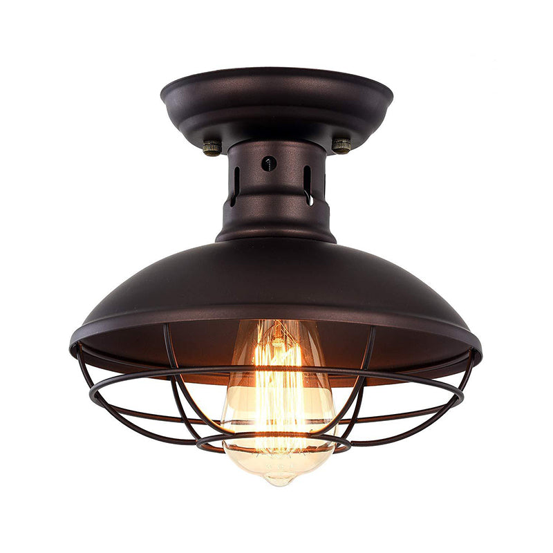 Iron Barn Flush Mount Lighting Antiqued 1 Head Living Room Flush Ceiling Lamp in Bronze/Coffee with Cage Clearhalo 'Ceiling Lights' 'Close To Ceiling Lights' 'Close to ceiling' 'Flush mount' 'Industrial Flush Mount' Lighting' 537323