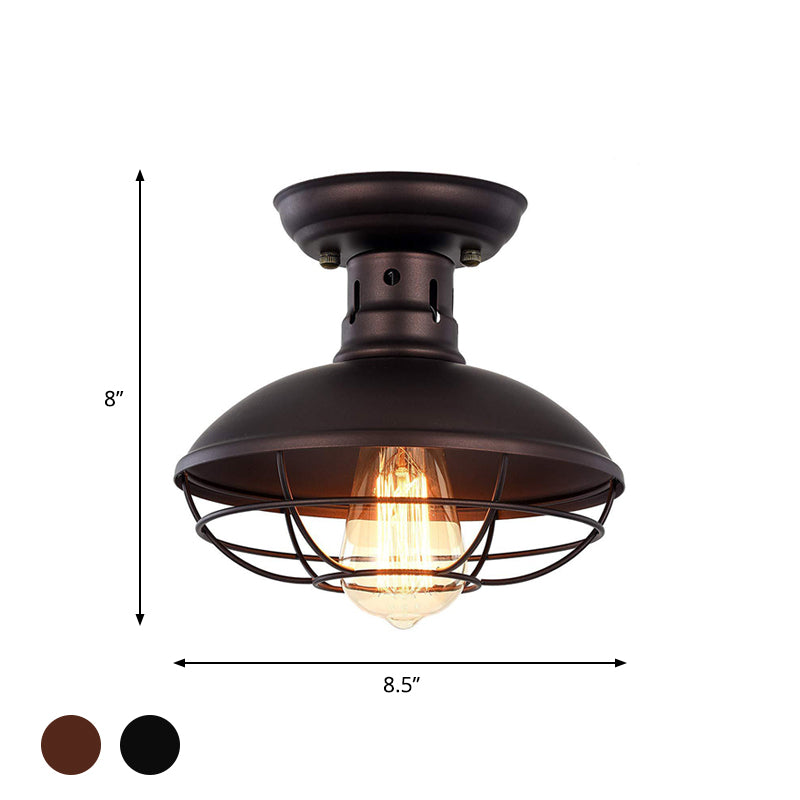Iron Barn Flush Mount Lighting Antiqued 1 Head Living Room Flush Ceiling Lamp in Bronze/Coffee with Cage Clearhalo 'Ceiling Lights' 'Close To Ceiling Lights' 'Close to ceiling' 'Flush mount' 'Industrial Flush Mount' Lighting' 537324