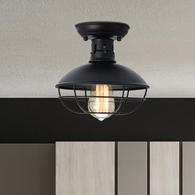 Iron Barn Flush Mount Lighting Antiqued 1 Head Living Room Flush Ceiling Lamp in Bronze/Coffee with Cage Bronze Clearhalo 'Ceiling Lights' 'Close To Ceiling Lights' 'Close to ceiling' 'Flush mount' 'Industrial Flush Mount' Lighting' 537325