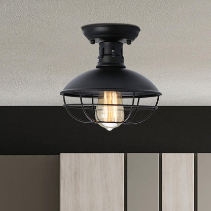 Iron Barn Flush Mount Lighting Antiqued 1 Head Living Room Flush Ceiling Lamp in Bronze/Coffee with Cage Bronze Clearhalo 'Ceiling Lights' 'Close To Ceiling Lights' 'Close to ceiling' 'Flush mount' 'Industrial Flush Mount' Lighting' 537325