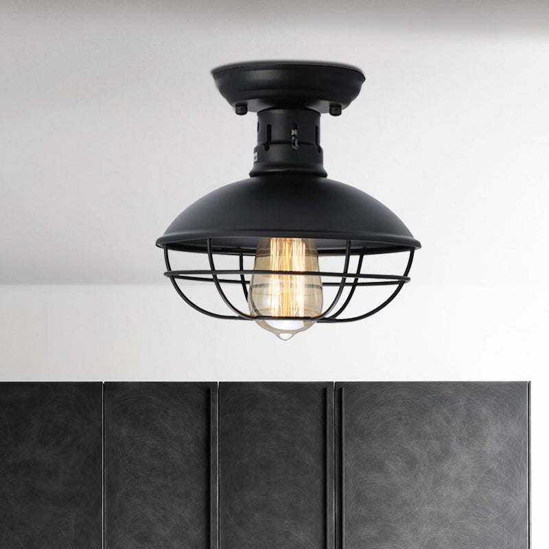 Iron Barn Flush Mount Lighting Antiqued 1 Head Living Room Flush Ceiling Lamp in Bronze/Coffee with Cage Clearhalo 'Ceiling Lights' 'Close To Ceiling Lights' 'Close to ceiling' 'Flush mount' 'Industrial Flush Mount' Lighting' 537326