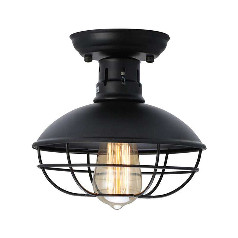 Iron Barn Flush Mount Lighting Antiqued 1 Head Living Room Flush Ceiling Lamp in Bronze/Coffee with Cage Clearhalo 'Ceiling Lights' 'Close To Ceiling Lights' 'Close to ceiling' 'Flush mount' 'Industrial Flush Mount' Lighting' 537327