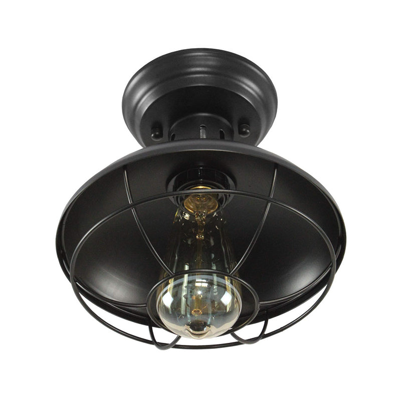Iron Barn Flush Mount Lighting Antiqued 1 Head Living Room Flush Ceiling Lamp in Bronze/Coffee with Cage Clearhalo 'Ceiling Lights' 'Close To Ceiling Lights' 'Close to ceiling' 'Flush mount' 'Industrial Flush Mount' Lighting' 537328