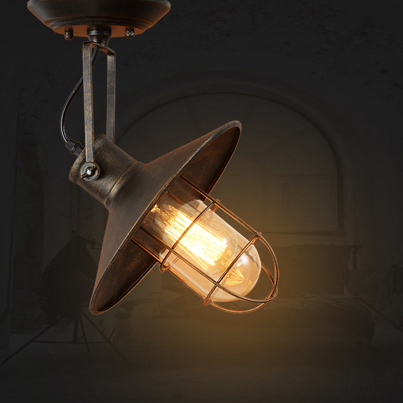 1 Light Flushmount Lighting Industrial Wide Flare Metallic Adjustable Semi Flush Mount Lamp in Rust with Cage and Handle Rust Clearhalo 'Ceiling Lights' 'Close To Ceiling Lights' 'Close to ceiling' 'Semi-flushmount' Lighting' 537329