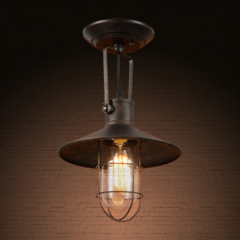 1 Light Flushmount Lighting Industrial Wide Flare Metallic Adjustable Semi Flush Mount Lamp in Rust with Cage and Handle Clearhalo 'Ceiling Lights' 'Close To Ceiling Lights' 'Close to ceiling' 'Semi-flushmount' Lighting' 537331