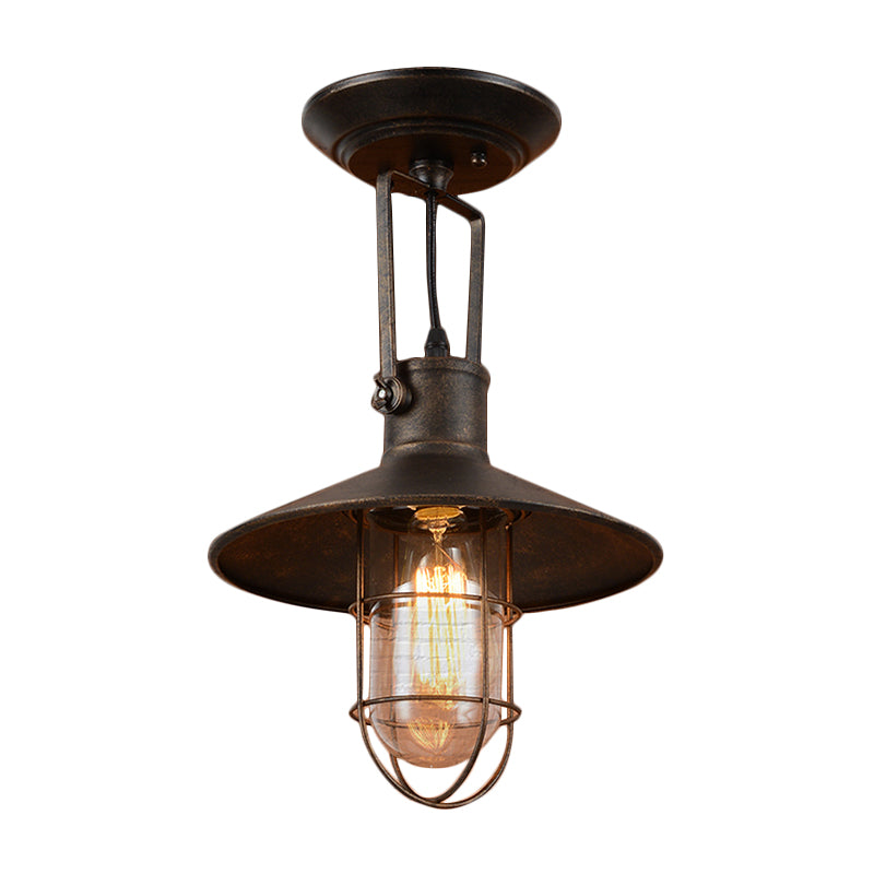 1 Light Flushmount Lighting Industrial Wide Flare Metallic Adjustable Semi Flush Mount Lamp in Rust with Cage and Handle Clearhalo 'Ceiling Lights' 'Close To Ceiling Lights' 'Close to ceiling' 'Semi-flushmount' Lighting' 537332