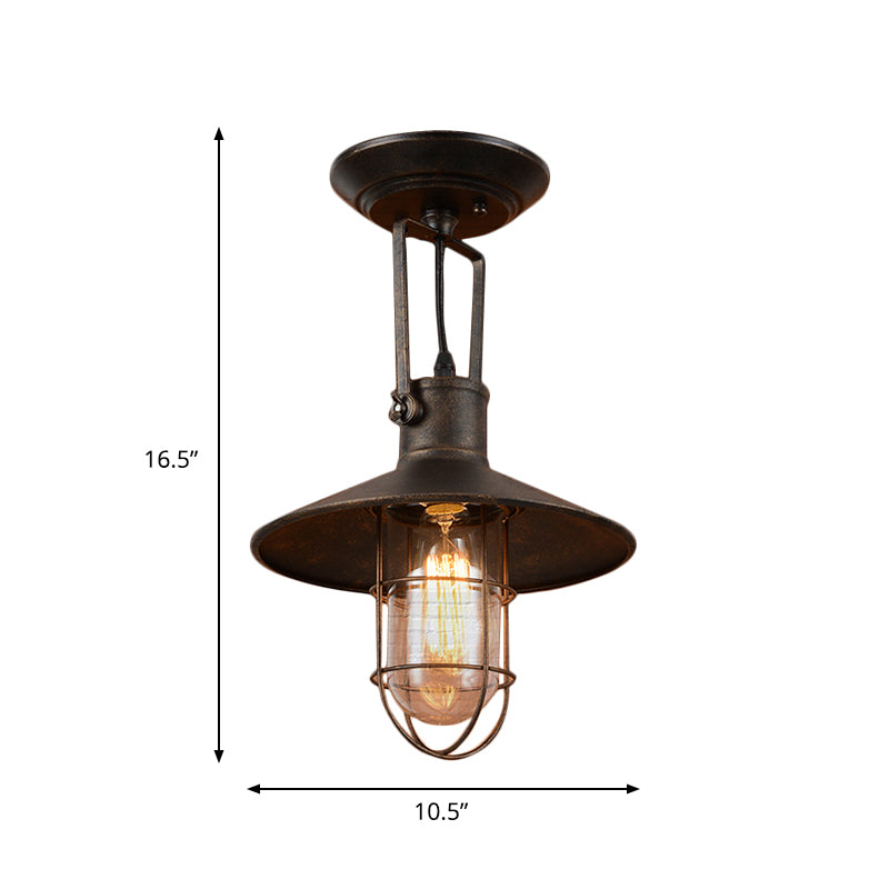 1 Light Flushmount Lighting Industrial Wide Flare Metallic Adjustable Semi Flush Mount Lamp in Rust with Cage and Handle Clearhalo 'Ceiling Lights' 'Close To Ceiling Lights' 'Close to ceiling' 'Semi-flushmount' Lighting' 537333