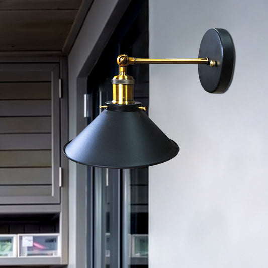 Cone Corner Wall Light Sconce Vintage Iron 1-Bulb Black and Brass Wall Lamp Fixture with/without Plug In Cord Black Clearhalo 'Art deco wall lights' 'Cast Iron' 'Glass' 'Industrial wall lights' 'Industrial' 'Middle century wall lights' 'Modern' 'Rustic wall lights' 'Tiffany' 'Traditional wall lights' 'Wall Lamps & Sconces' 'Wall Lights' Lighting' 537349