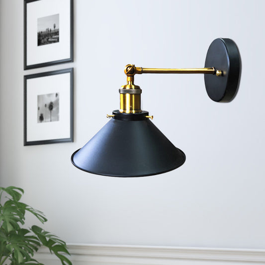 Cone Corner Wall Light Sconce Vintage Iron 1-Bulb Black and Brass Wall Lamp Fixture with/without Plug In Cord Clearhalo 'Art deco wall lights' 'Cast Iron' 'Glass' 'Industrial wall lights' 'Industrial' 'Middle century wall lights' 'Modern' 'Rustic wall lights' 'Tiffany' 'Traditional wall lights' 'Wall Lamps & Sconces' 'Wall Lights' Lighting' 537350