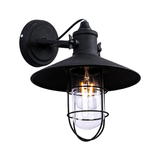 Black Finish Wire Cage Wall Lighting Industrial Metal 1 Light Coffee Shop Wall Mount Sconce with Clear Glass Shade Clearhalo 'Art deco wall lights' 'Cast Iron' 'Glass' 'Industrial wall lights' 'Industrial' 'Middle century wall lights' 'Modern' 'Rustic wall lights' 'Tiffany' 'Traditional wall lights' 'Wall Lamps & Sconces' 'Wall Lights' Lighting' 537356