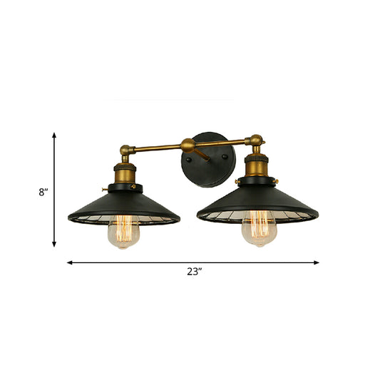 Iron Black and Brass Sconce Flared 2 Heads Antiqued Wall Mounted Light with Linear Arm Clearhalo 'Art deco wall lights' 'Cast Iron' 'Glass' 'Industrial wall lights' 'Industrial' 'Middle century wall lights' 'Modern' 'Rustic wall lights' 'Tiffany' 'Traditional wall lights' 'Wall Lamps & Sconces' 'Wall Lights' Lighting' 537363