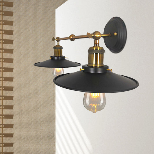 2 Bulbs Wall Light Sconce Vintage Restaurant Wall Mounted Lamp with Flare Metal Shade in Black and Brass Black Clearhalo 'Art deco wall lights' 'Cast Iron' 'Glass' 'Industrial wall lights' 'Industrial' 'Middle century wall lights' 'Modern' 'Rustic wall lights' 'Tiffany' 'Traditional wall lights' 'Wall Lamps & Sconces' 'Wall Lights' Lighting' 537364