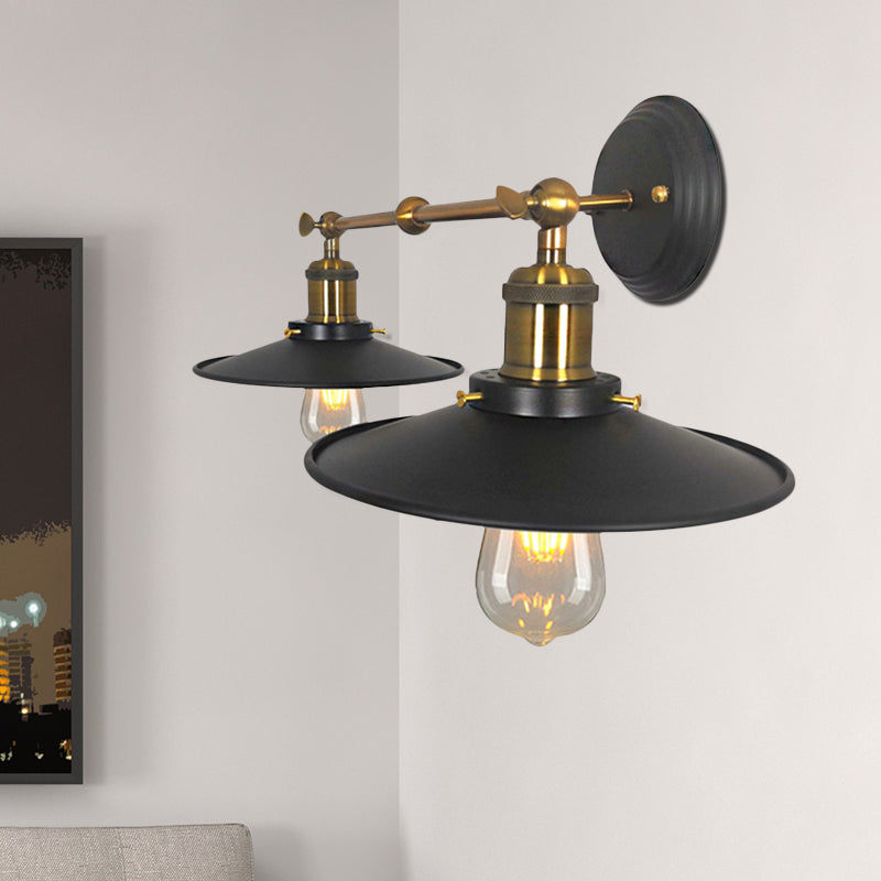 2 Bulbs Wall Light Sconce Vintage Restaurant Wall Mounted Lamp with Flare Metal Shade in Black and Brass Clearhalo 'Art deco wall lights' 'Cast Iron' 'Glass' 'Industrial wall lights' 'Industrial' 'Middle century wall lights' 'Modern' 'Rustic wall lights' 'Tiffany' 'Traditional wall lights' 'Wall Lamps & Sconces' 'Wall Lights' Lighting' 537365