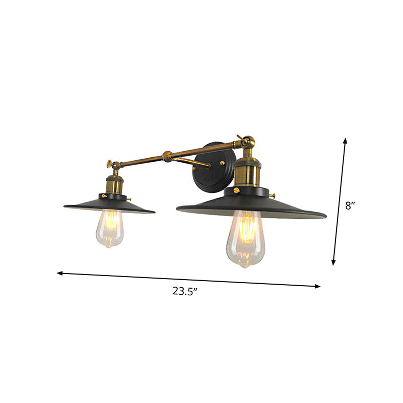2 Bulbs Wall Light Sconce Vintage Restaurant Wall Mounted Lamp with Flare Metal Shade in Black and Brass Clearhalo 'Art deco wall lights' 'Cast Iron' 'Glass' 'Industrial wall lights' 'Industrial' 'Middle century wall lights' 'Modern' 'Rustic wall lights' 'Tiffany' 'Traditional wall lights' 'Wall Lamps & Sconces' 'Wall Lights' Lighting' 537368
