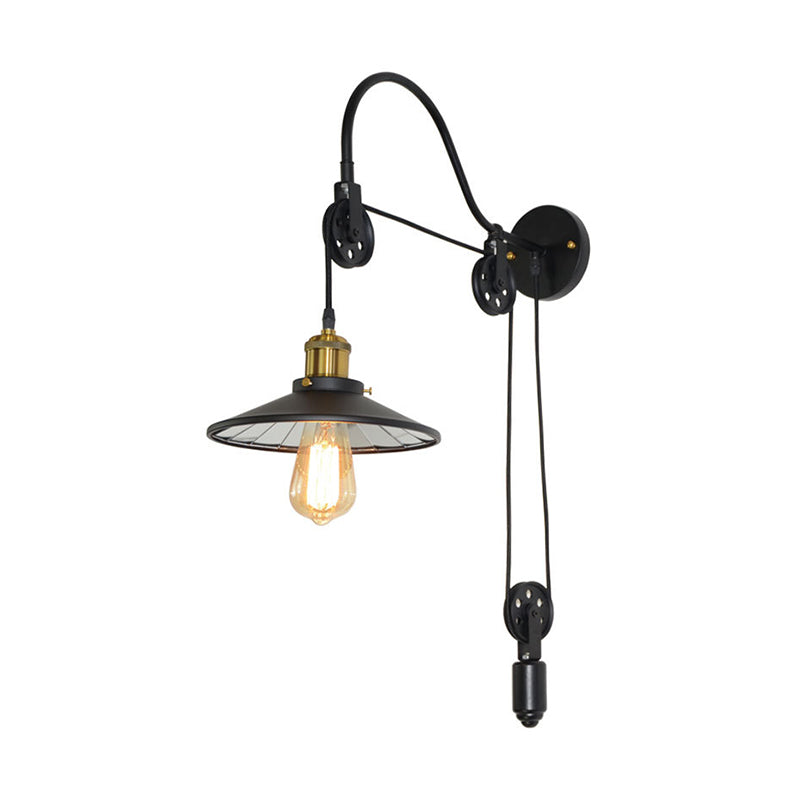 1 Light Flared Pulley Wall Light Fixture Industrial Black Metallic Sconce Lamp with Gooseneck Arm Clearhalo 'Art deco wall lights' 'Cast Iron' 'Glass' 'Industrial wall lights' 'Industrial' 'Middle century wall lights' 'Modern' 'Rustic wall lights' 'Tiffany' 'Traditional wall lights' 'Wall Lamps & Sconces' 'Wall Lights' Lighting' 537371
