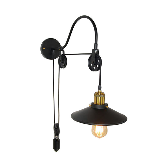 1 Light Flared Pulley Wall Light Fixture Industrial Black Metallic Sconce Lamp with Gooseneck Arm Clearhalo 'Art deco wall lights' 'Cast Iron' 'Glass' 'Industrial wall lights' 'Industrial' 'Middle century wall lights' 'Modern' 'Rustic wall lights' 'Tiffany' 'Traditional wall lights' 'Wall Lamps & Sconces' 'Wall Lights' Lighting' 537372