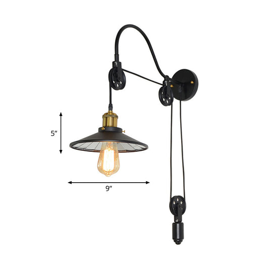 1 Light Flared Pulley Wall Light Fixture Industrial Black Metallic Sconce Lamp with Gooseneck Arm Clearhalo 'Art deco wall lights' 'Cast Iron' 'Glass' 'Industrial wall lights' 'Industrial' 'Middle century wall lights' 'Modern' 'Rustic wall lights' 'Tiffany' 'Traditional wall lights' 'Wall Lamps & Sconces' 'Wall Lights' Lighting' 537373