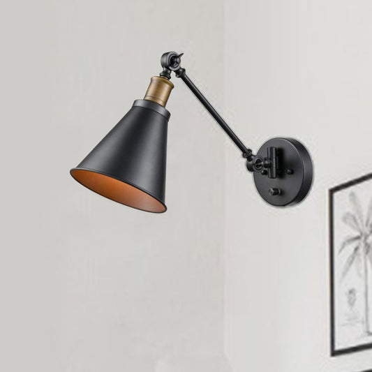 1 Bulb Iron Wall Mount Light Vintage Black Swing Arm Living Room Sconce Lamp with Cone Shade Black Clearhalo 'Art deco wall lights' 'Cast Iron' 'Glass' 'Industrial wall lights' 'Industrial' 'Middle century wall lights' 'Modern' 'Rustic wall lights' 'Tiffany' 'Traditional wall lights' 'Wall Lamps & Sconces' 'Wall Lights' Lighting' 537374