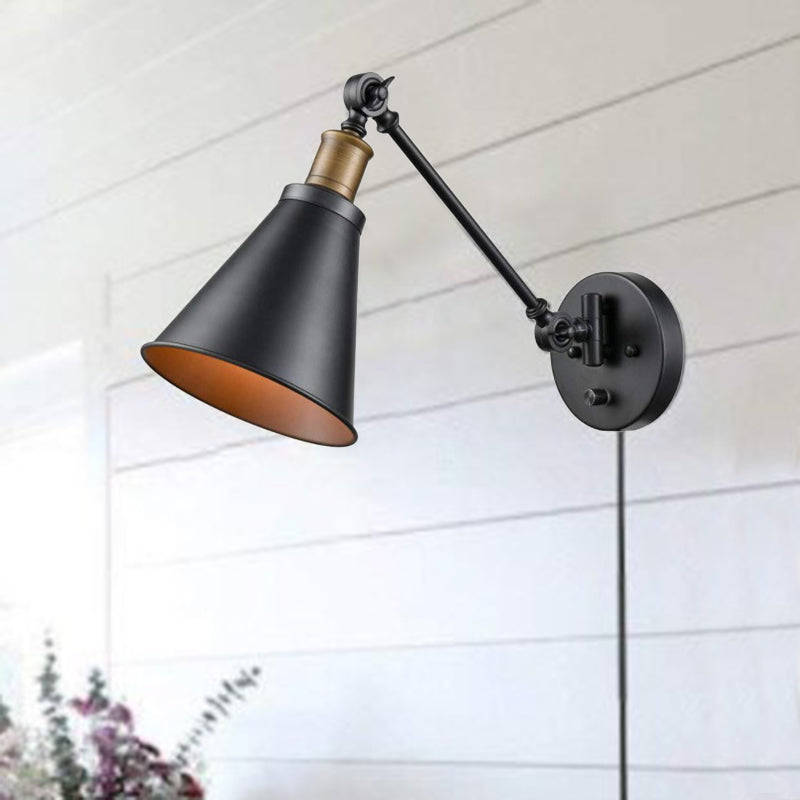1 Bulb Iron Wall Mount Light Vintage Black Swing Arm Living Room Sconce Lamp with Cone Shade Clearhalo 'Art deco wall lights' 'Cast Iron' 'Glass' 'Industrial wall lights' 'Industrial' 'Middle century wall lights' 'Modern' 'Rustic wall lights' 'Tiffany' 'Traditional wall lights' 'Wall Lamps & Sconces' 'Wall Lights' Lighting' 537375