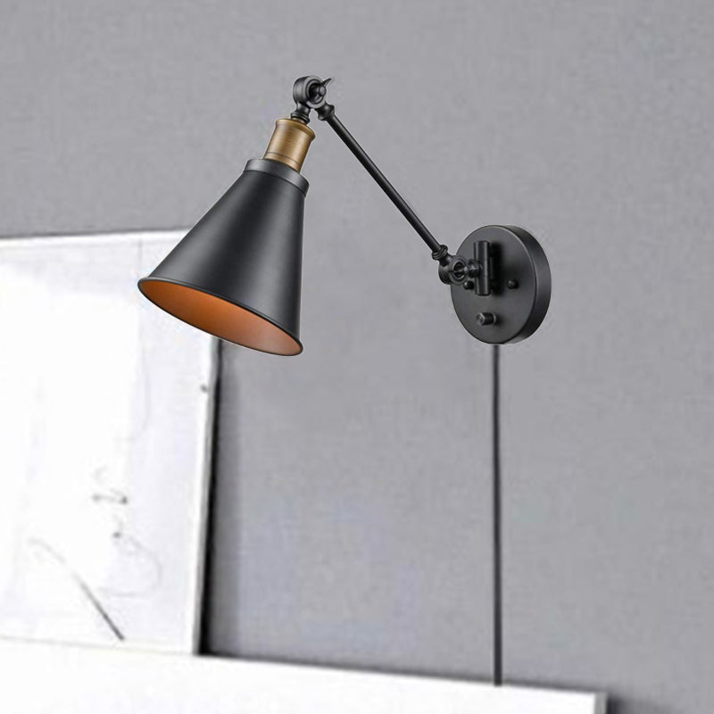 1 Bulb Iron Wall Mount Light Vintage Black Swing Arm Living Room Sconce Lamp with Cone Shade Clearhalo 'Art deco wall lights' 'Cast Iron' 'Glass' 'Industrial wall lights' 'Industrial' 'Middle century wall lights' 'Modern' 'Rustic wall lights' 'Tiffany' 'Traditional wall lights' 'Wall Lamps & Sconces' 'Wall Lights' Lighting' 537376