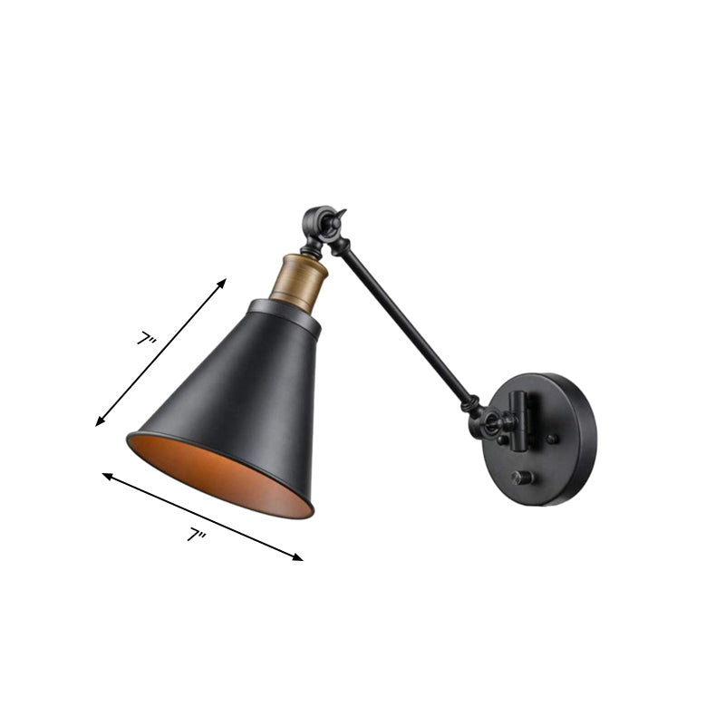 1 Bulb Iron Wall Mount Light Vintage Black Swing Arm Living Room Sconce Lamp with Cone Shade Clearhalo 'Art deco wall lights' 'Cast Iron' 'Glass' 'Industrial wall lights' 'Industrial' 'Middle century wall lights' 'Modern' 'Rustic wall lights' 'Tiffany' 'Traditional wall lights' 'Wall Lamps & Sconces' 'Wall Lights' Lighting' 537378