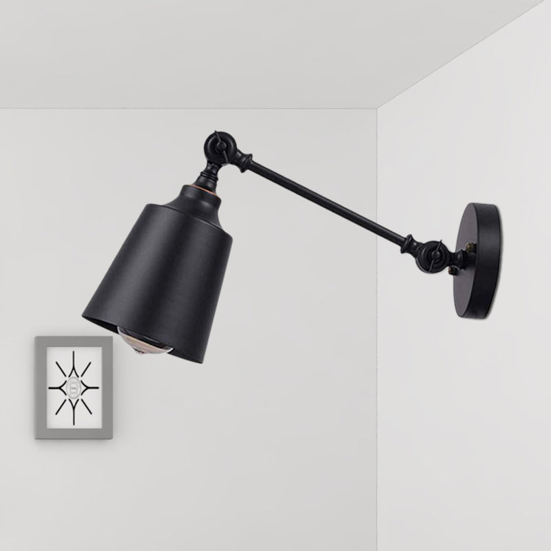 Iron Bell Wall Mount Sconce Industrial 1 Head Bedside Plug-In Wall Lighting Fixture in Black with Swing Arm Clearhalo 'Art deco wall lights' 'Cast Iron' 'Glass' 'Industrial wall lights' 'Industrial' 'Middle century wall lights' 'Modern' 'Rustic wall lights' 'Tiffany' 'Traditional wall lights' 'Wall Lamps & Sconces' 'Wall Lights' Lighting' 537402