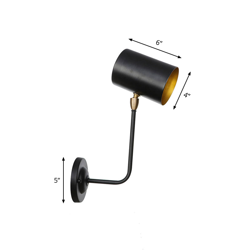 Antiqued Right Angle Arm Sconce 1 Bulb 6"/10" T Iron Wall Mounted Light in Black and Inner Gold with Cylinder Shade Clearhalo 'Art deco wall lights' 'Cast Iron' 'Glass' 'Industrial wall lights' 'Industrial' 'Middle century wall lights' 'Modern' 'Rustic wall lights' 'Tiffany' 'Traditional wall lights' 'Wall Lamps & Sconces' 'Wall Lights' Lighting' 537420