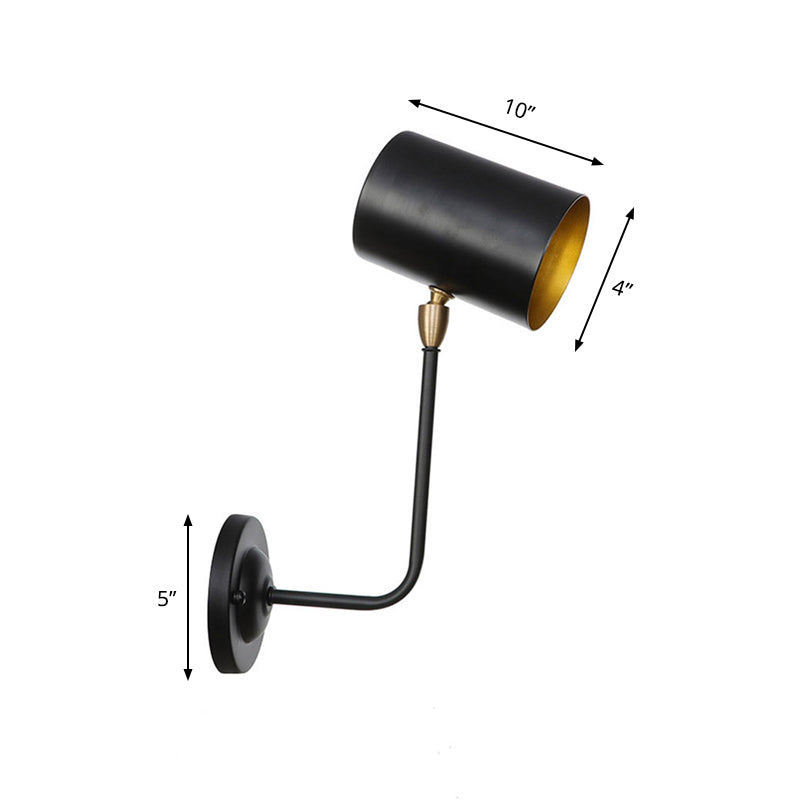 Antiqued Right Angle Arm Sconce 1 Bulb 6"/10" T Iron Wall Mounted Light in Black and Inner Gold with Cylinder Shade Clearhalo 'Art deco wall lights' 'Cast Iron' 'Glass' 'Industrial wall lights' 'Industrial' 'Middle century wall lights' 'Modern' 'Rustic wall lights' 'Tiffany' 'Traditional wall lights' 'Wall Lamps & Sconces' 'Wall Lights' Lighting' 537421