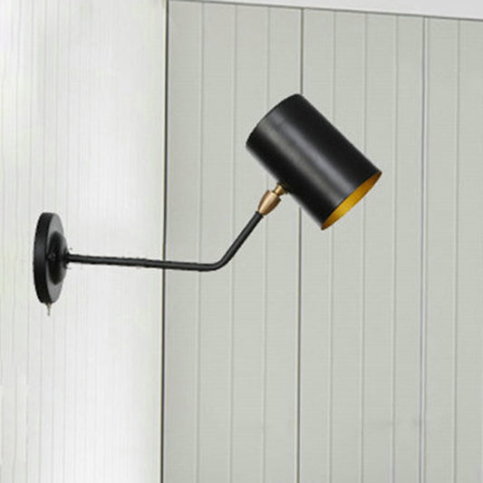 Angled Arm Iron Sconce Lighting Vintage 1-Light Study Room Wall Mount Lamp Fixture in Black with Cylinder Shade, 6"/10" H Black Clearhalo 'Art deco wall lights' 'Cast Iron' 'Glass' 'Industrial wall lights' 'Industrial' 'Middle century wall lights' 'Modern' 'Rustic wall lights' 'Tiffany' 'Traditional wall lights' 'Wall Lamps & Sconces' 'Wall Lights' Lighting' 537429