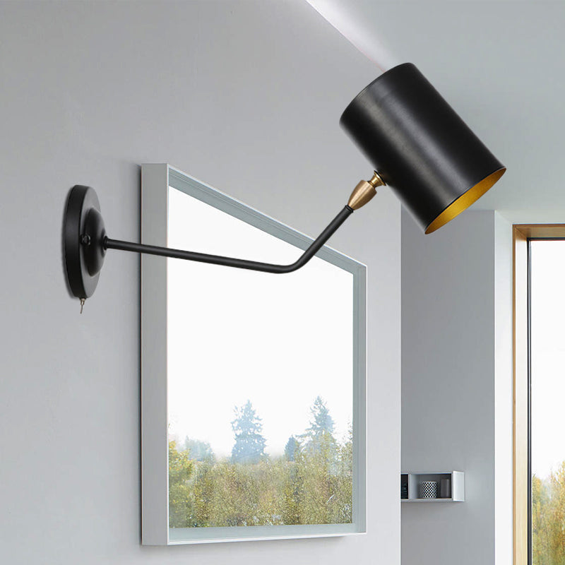 Angled Arm Iron Sconce Lighting Vintage 1-Light Study Room Wall Mount Lamp Fixture in Black with Cylinder Shade, 6"/10" H Clearhalo 'Art deco wall lights' 'Cast Iron' 'Glass' 'Industrial wall lights' 'Industrial' 'Middle century wall lights' 'Modern' 'Rustic wall lights' 'Tiffany' 'Traditional wall lights' 'Wall Lamps & Sconces' 'Wall Lights' Lighting' 537430