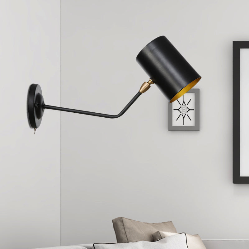 Angled Arm Iron Sconce Lighting Vintage 1-Light Study Room Wall Mount Lamp Fixture in Black with Cylinder Shade, 6"/10" H Clearhalo 'Art deco wall lights' 'Cast Iron' 'Glass' 'Industrial wall lights' 'Industrial' 'Middle century wall lights' 'Modern' 'Rustic wall lights' 'Tiffany' 'Traditional wall lights' 'Wall Lamps & Sconces' 'Wall Lights' Lighting' 537431