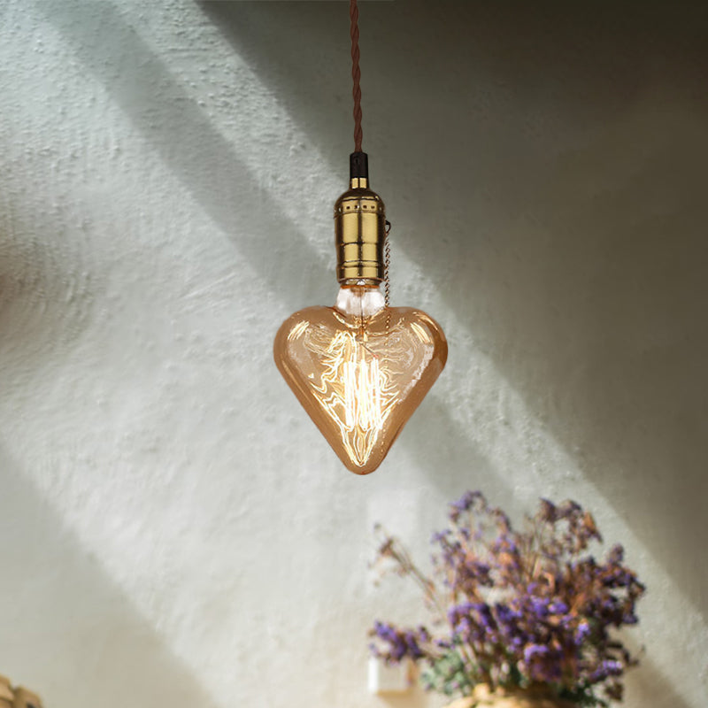 Industrial Heart Shape Down Lighting 1-Light Amber Glass Hanging Pendant Lamp in Brass Amber Clearhalo 'Ceiling Lights' 'Chandeliers' 'Glass shade' 'Glass' 'Industrial Pendants' 'Industrial' 'Middle Century Pendants' 'Pendant Lights' 'Pendants' 'Tiffany' Lighting' 537468