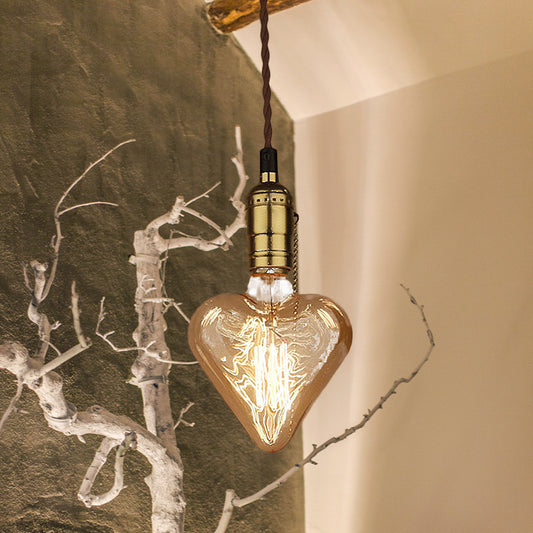 Industrial Heart Shape Down Lighting 1-Light Amber Glass Hanging Pendant Lamp in Brass Clearhalo 'Ceiling Lights' 'Chandeliers' 'Glass shade' 'Glass' 'Industrial Pendants' 'Industrial' 'Middle Century Pendants' 'Pendant Lights' 'Pendants' 'Tiffany' Lighting' 537469