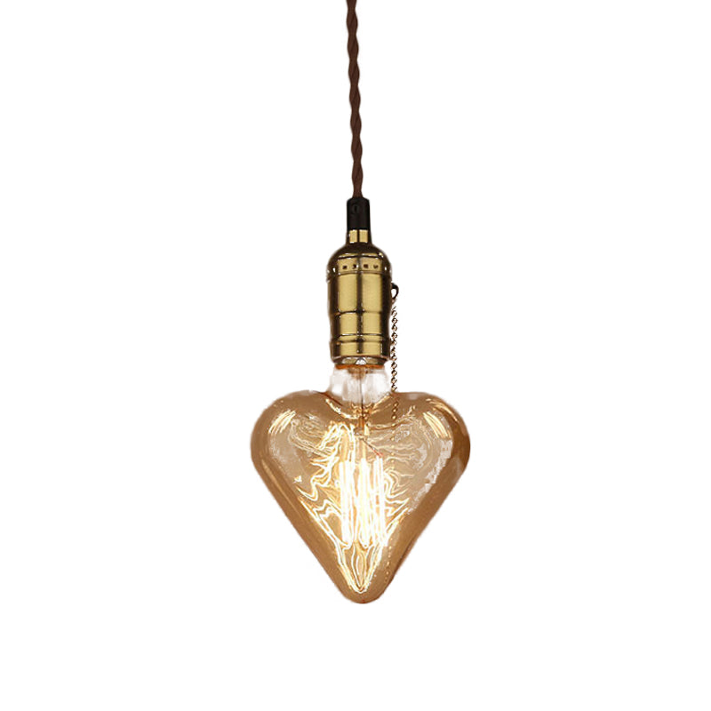 Industrial Heart Shape Down Lighting 1-Light Amber Glass Hanging Pendant Lamp in Brass Clearhalo 'Ceiling Lights' 'Chandeliers' 'Glass shade' 'Glass' 'Industrial Pendants' 'Industrial' 'Middle Century Pendants' 'Pendant Lights' 'Pendants' 'Tiffany' Lighting' 537470