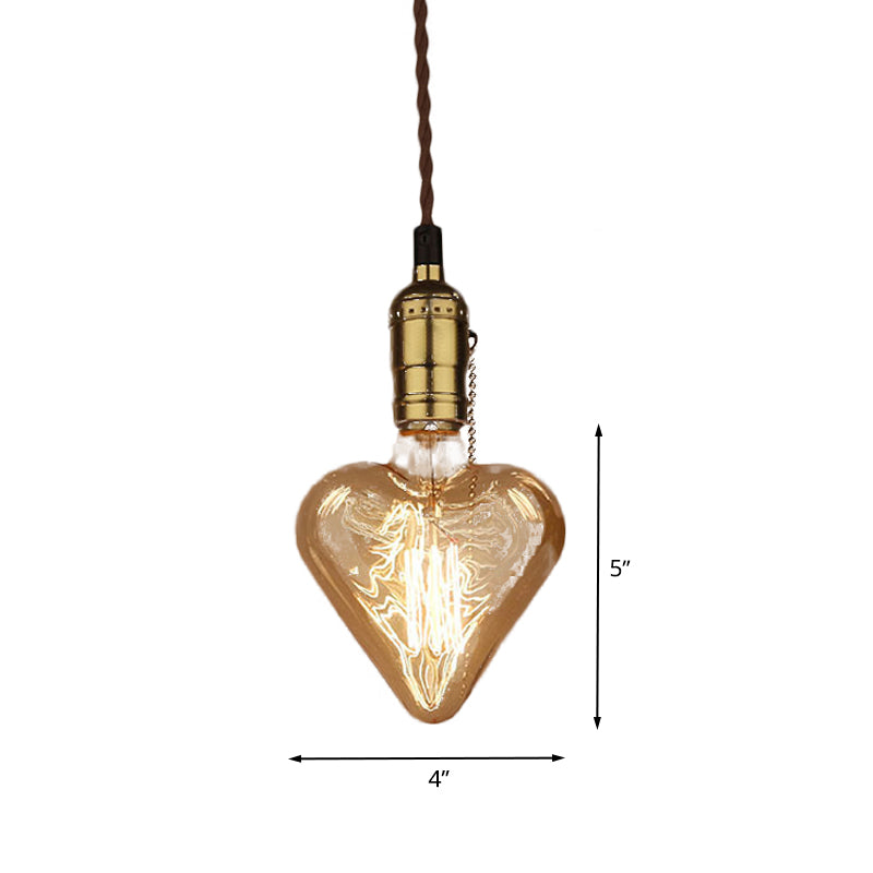 Industrial Heart Shape Down Lighting 1-Light Amber Glass Hanging Pendant Lamp in Brass Clearhalo 'Ceiling Lights' 'Chandeliers' 'Glass shade' 'Glass' 'Industrial Pendants' 'Industrial' 'Middle Century Pendants' 'Pendant Lights' 'Pendants' 'Tiffany' Lighting' 537472
