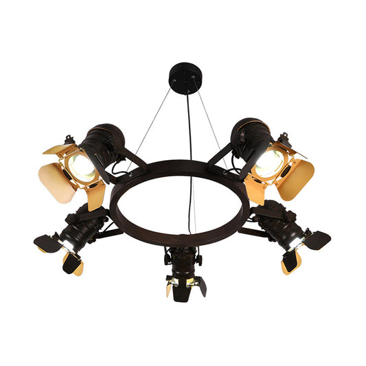 5 Lights Pendant Chandelier Art Deco Camera Metallic Hanging Ceiling Lamp in Black with Ring Design Clearhalo 'Cast Iron' 'Ceiling Lights' 'Chandeliers' 'Industrial Chandeliers' 'Industrial' 'Metal' 'Middle Century Chandeliers' 'Rustic Chandeliers' 'Tiffany' Lighting' 537521