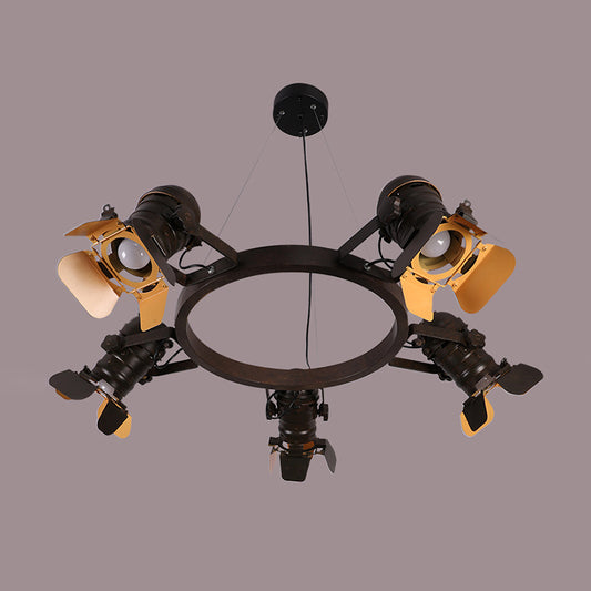 5 Lights Pendant Chandelier Art Deco Camera Metallic Hanging Ceiling Lamp in Black with Ring Design Clearhalo 'Cast Iron' 'Ceiling Lights' 'Chandeliers' 'Industrial Chandeliers' 'Industrial' 'Metal' 'Middle Century Chandeliers' 'Rustic Chandeliers' 'Tiffany' Lighting' 537522