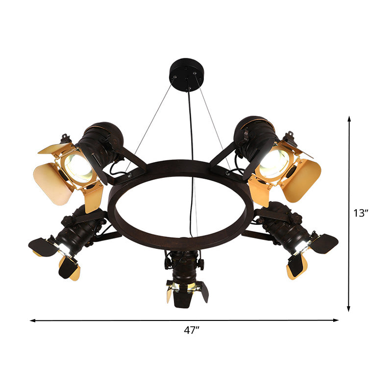 5 Lights Pendant Chandelier Art Deco Camera Metallic Hanging Ceiling Lamp in Black with Ring Design Clearhalo 'Cast Iron' 'Ceiling Lights' 'Chandeliers' 'Industrial Chandeliers' 'Industrial' 'Metal' 'Middle Century Chandeliers' 'Rustic Chandeliers' 'Tiffany' Lighting' 537523