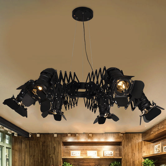 Black 5 Heads Spotlight Art Deco Iron Camera Chandelier Pendant Lamp with Telescopic Arm Clearhalo 'Cast Iron' 'Ceiling Lights' 'Chandeliers' 'Industrial Chandeliers' 'Industrial' 'Metal' 'Middle Century Chandeliers' 'Rustic Chandeliers' 'Tiffany' Lighting' 537525