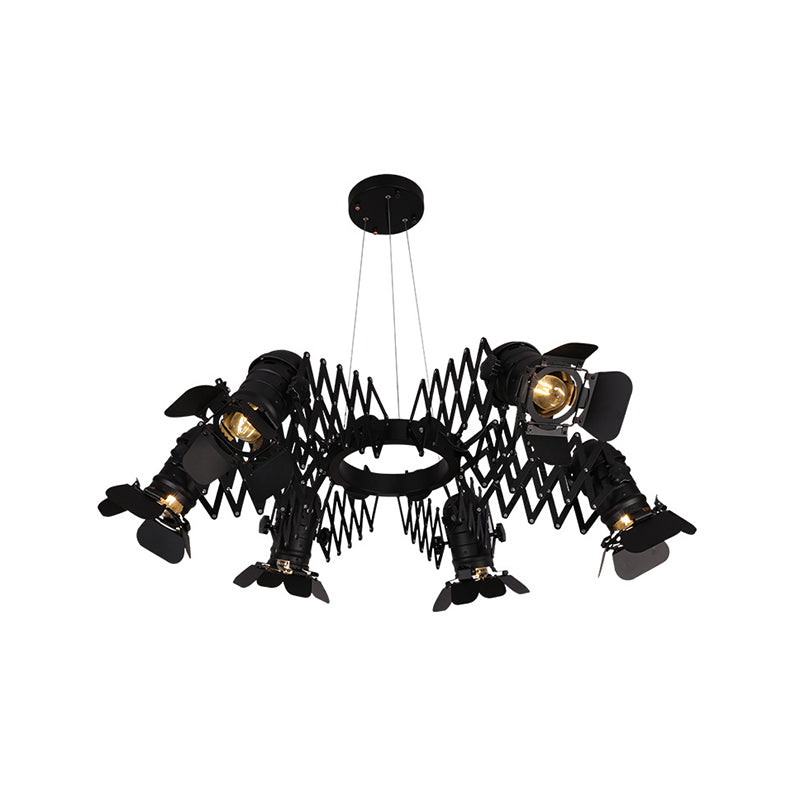 Black 5 Heads Spotlight Art Deco Iron Camera Chandelier Pendant Lamp with Telescopic Arm Clearhalo 'Cast Iron' 'Ceiling Lights' 'Chandeliers' 'Industrial Chandeliers' 'Industrial' 'Metal' 'Middle Century Chandeliers' 'Rustic Chandeliers' 'Tiffany' Lighting' 537526