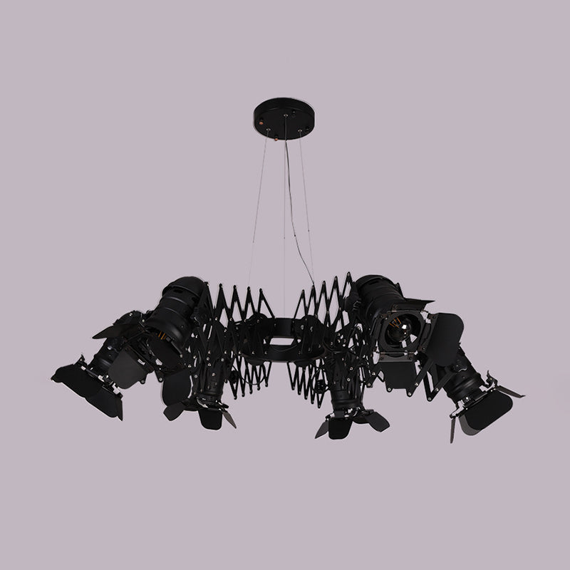 Black 5 Heads Spotlight Art Deco Iron Camera Chandelier Pendant Lamp with Telescopic Arm Clearhalo 'Cast Iron' 'Ceiling Lights' 'Chandeliers' 'Industrial Chandeliers' 'Industrial' 'Metal' 'Middle Century Chandeliers' 'Rustic Chandeliers' 'Tiffany' Lighting' 537527