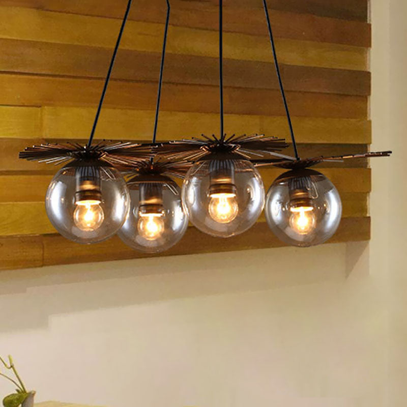 4 Bulbs Ceiling Chandelier Industrial Coffee House Pendant Light Fixture with Globe Amber Glass Shade Clearhalo 'Ceiling Lights' 'Chandeliers' 'Glass shade' 'Glass' 'Industrial Chandeliers' 'Industrial' 'Middle Century Chandeliers' 'Tiffany' Lighting' 537530