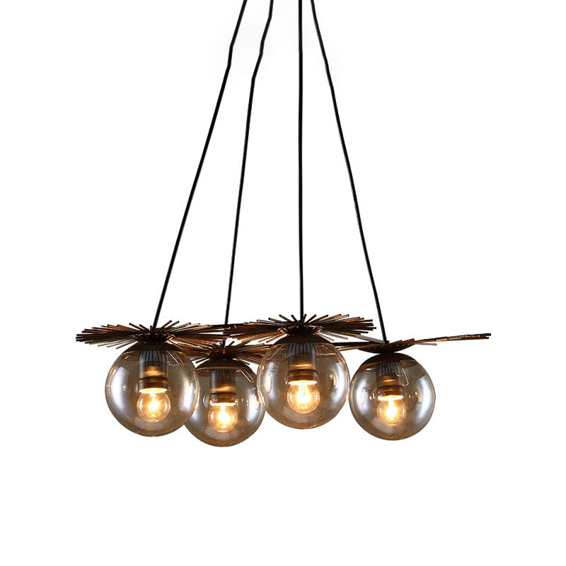 4 Bulbs Ceiling Chandelier Industrial Coffee House Pendant Light Fixture with Globe Amber Glass Shade Clearhalo 'Ceiling Lights' 'Chandeliers' 'Glass shade' 'Glass' 'Industrial Chandeliers' 'Industrial' 'Middle Century Chandeliers' 'Tiffany' Lighting' 537531